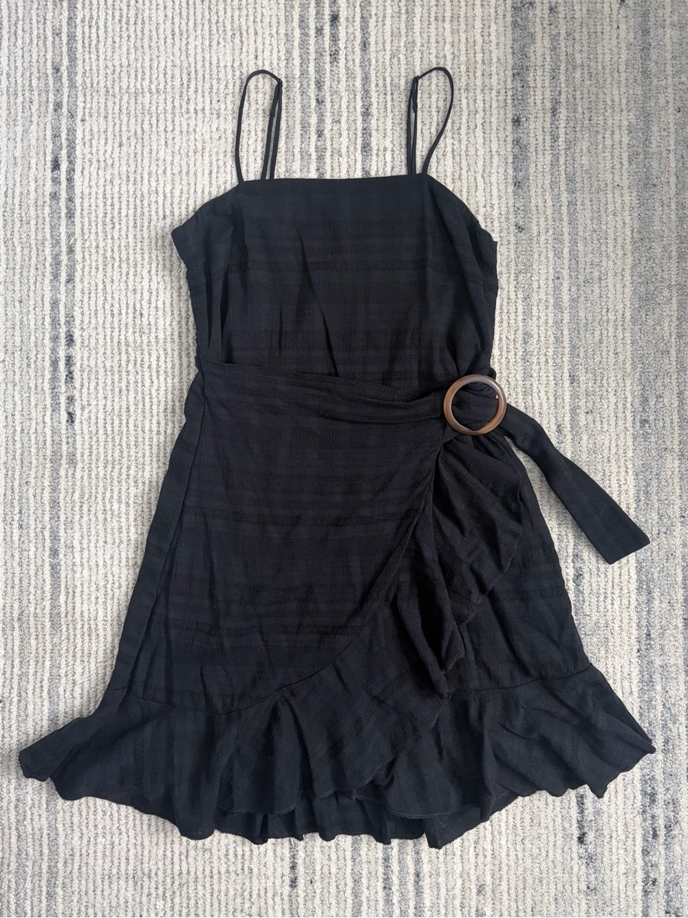 American Eagle Outfitters Black Spaghetti-Strap Wrap Mini Dress with Buckle